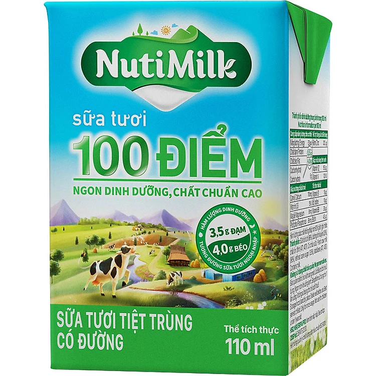 Sữa tươi tiệt trùng NutiMilk 100 điểm có đường 110ml